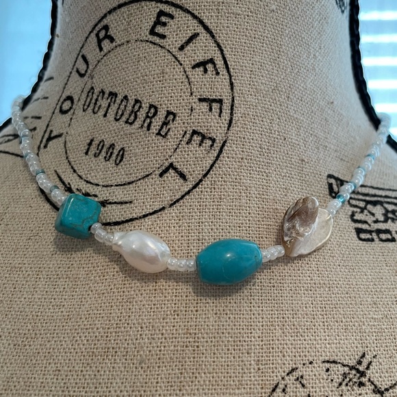 🌊 Sea Love Necklace - Turquoise Stone, freshwater Pearl, and mother of Pearl - Picture 1 of 5